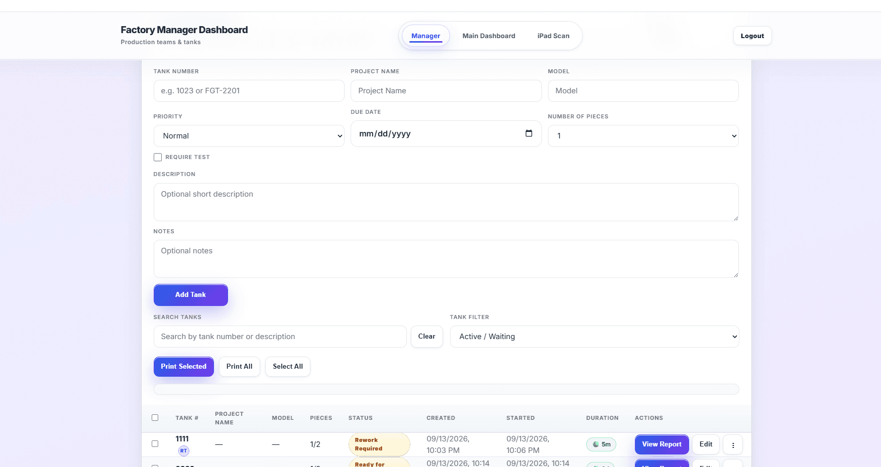 Factory Scan Clock manager dashboard with production job setup, search, status filters, and reporting controls