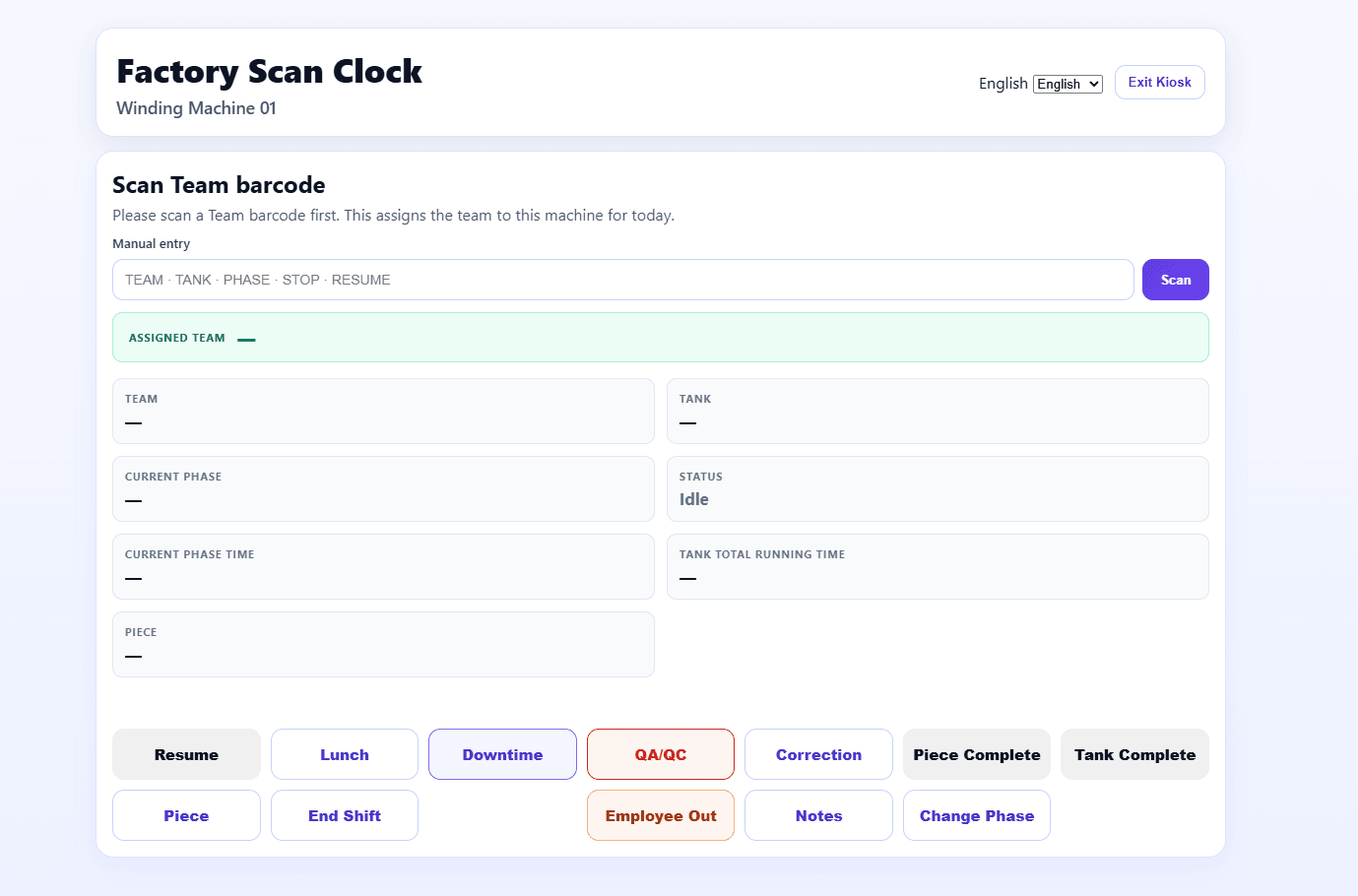 Factory Scan Clock machine kiosk prompting a team to scan their barcode before logging production actions